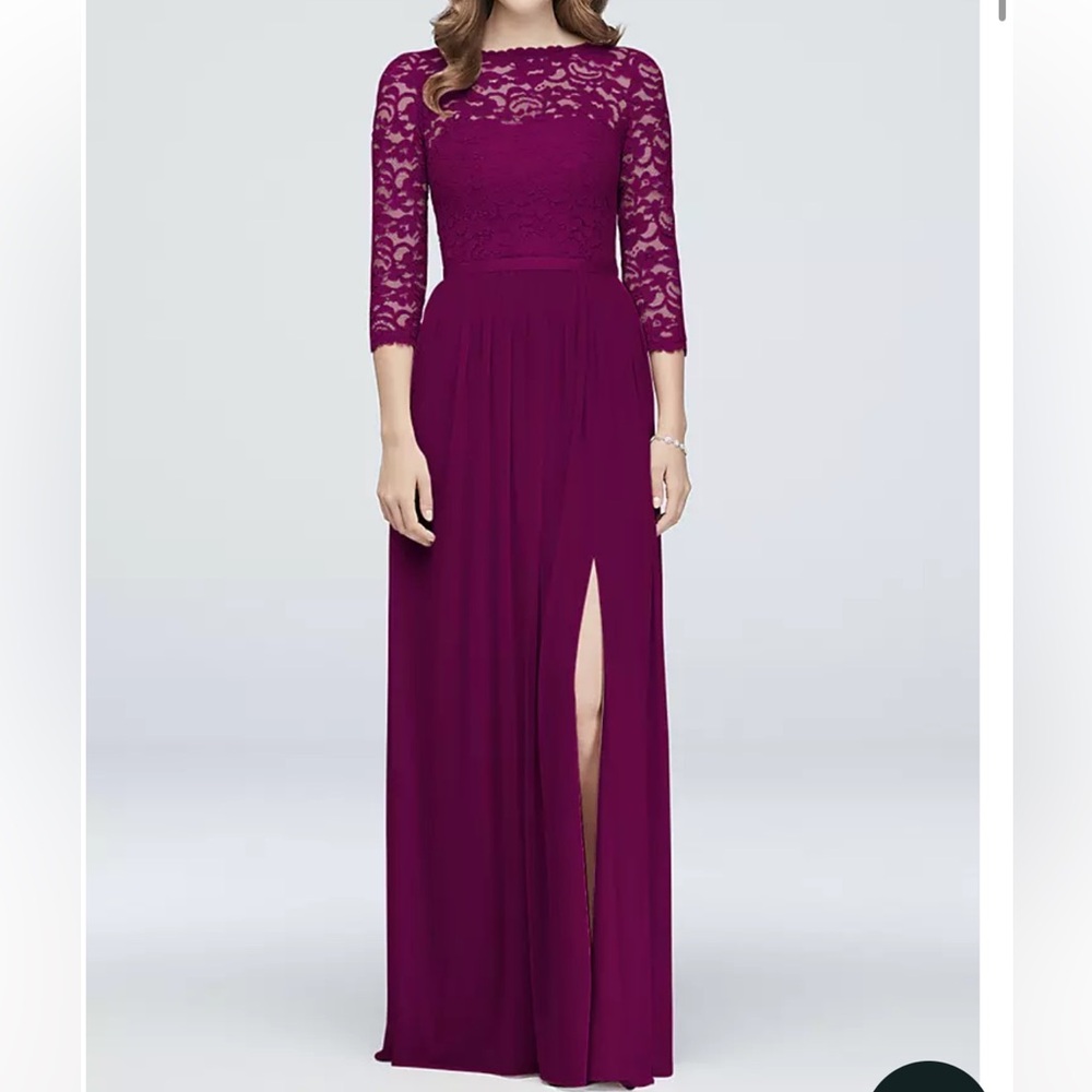 David's Bridal Plum Lace Bodice Long Sleeve Slit Gown Size 16